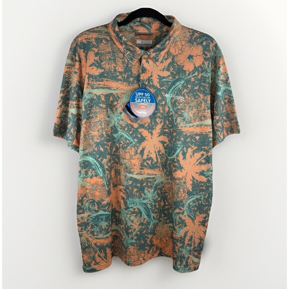 Columbia PFG Polo Shirt Large Tropical Floral Hawaii Fishing Outdoor Stretch NWT - Picture 1 of 14